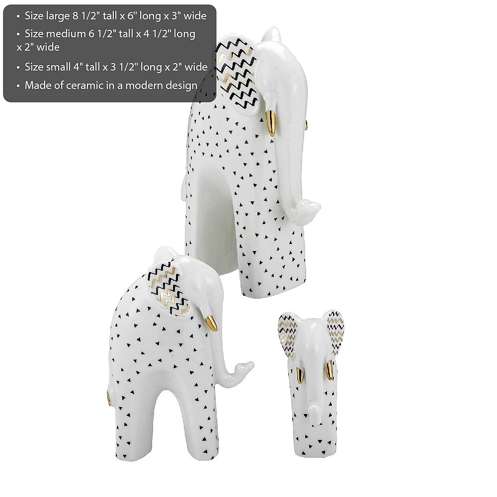 elephants - set of 3 with black triangles - gold tusks - zig-zag ears - Image 2